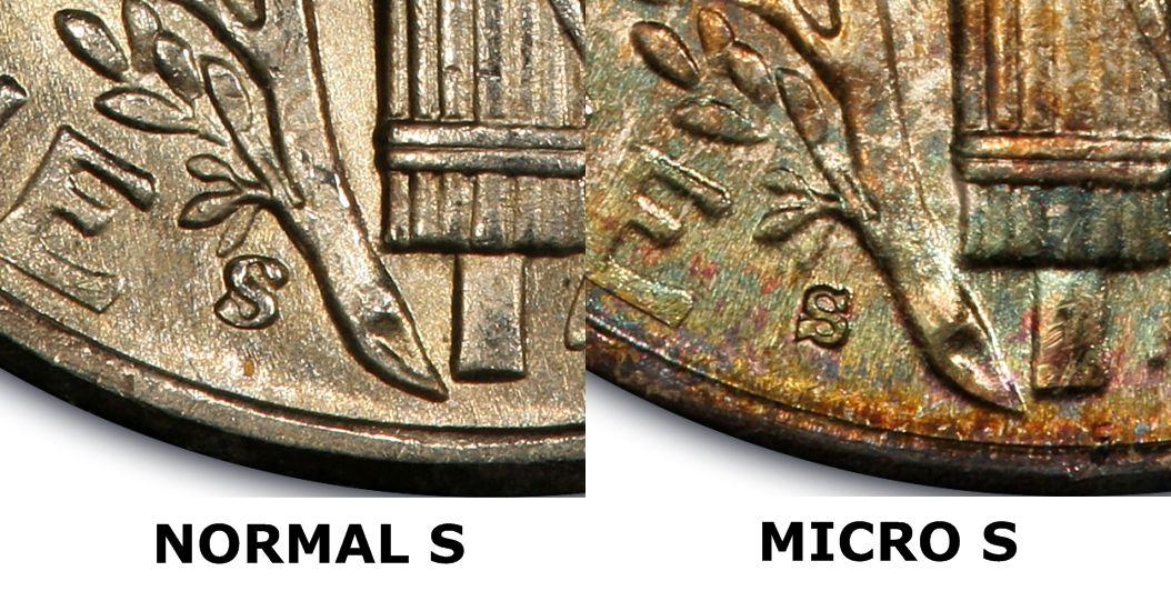 1945-S Micro S Mercury dime reverse showing the undersized S mint mark compared to a standard S mint mark
