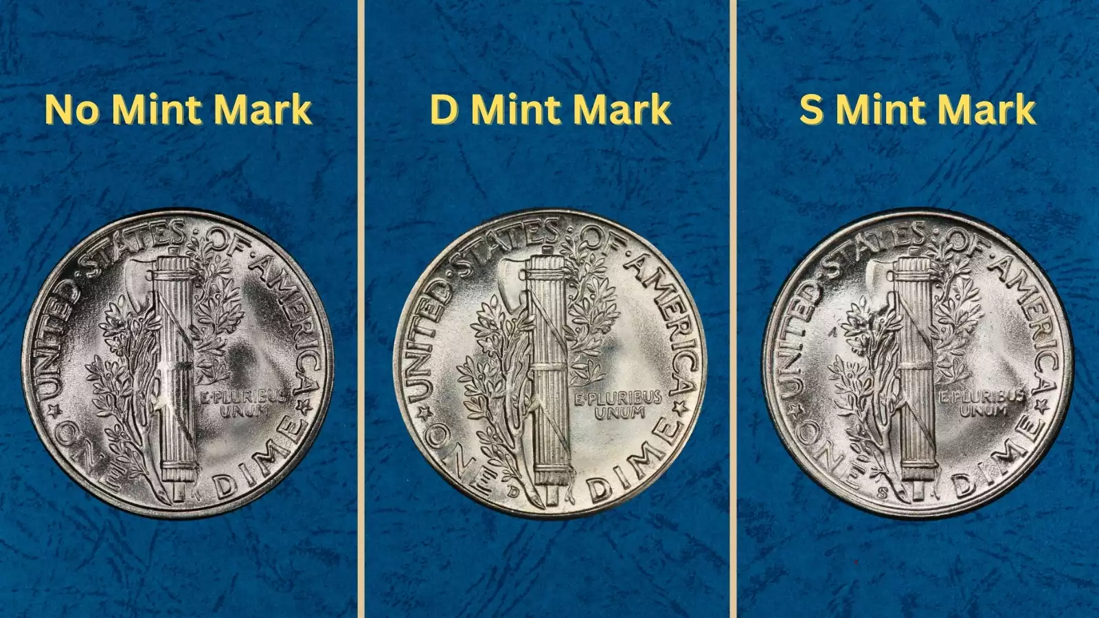 Group of 1945 Mercury dimes from Philadelphia, Denver, and San Francisco mints arranged to show all three mint marks